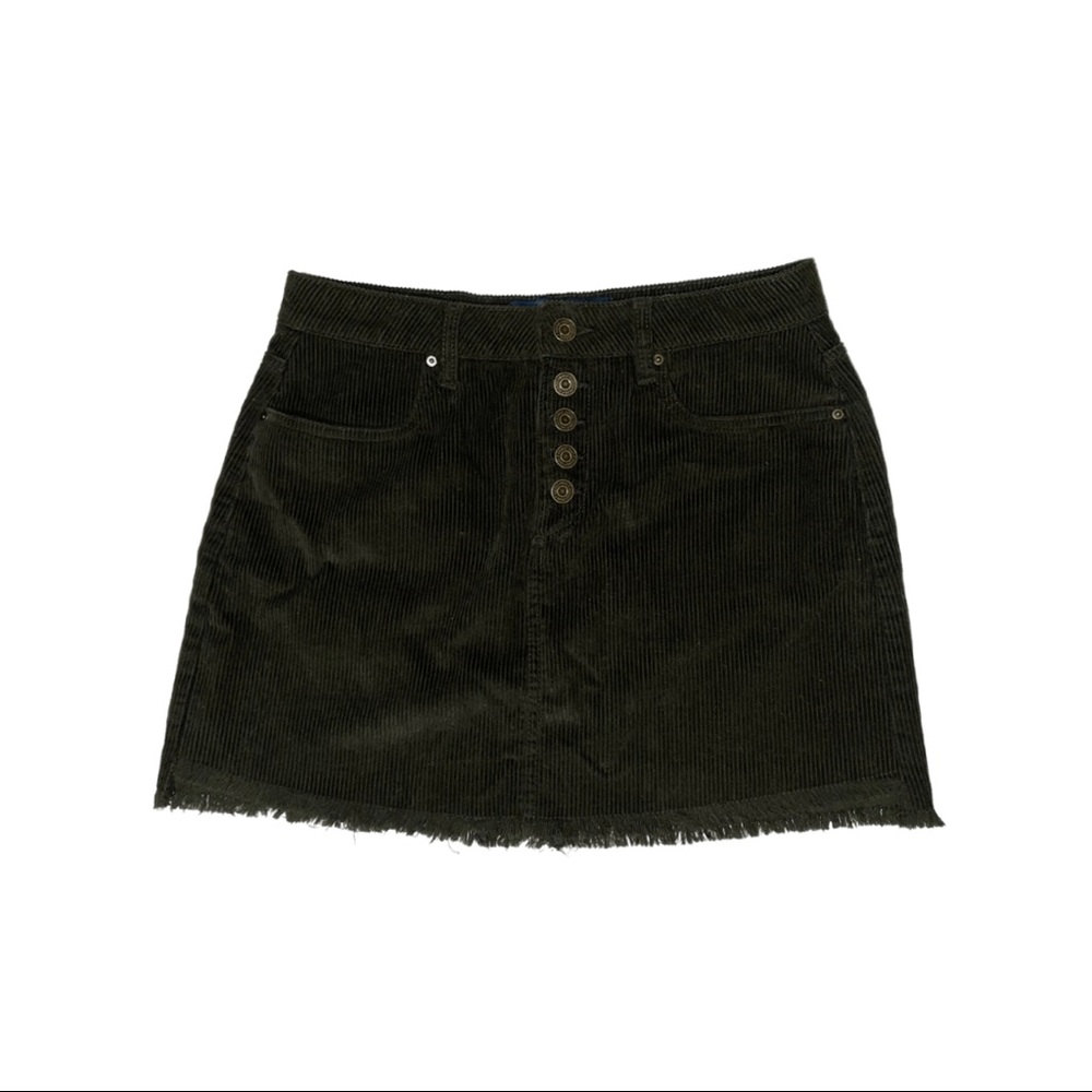 Indigo Rein Dark Green Corduroy Mini Skirt with Frayed Hem. Size: 7/27